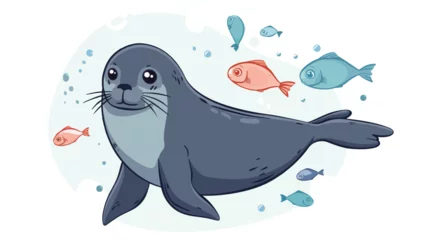 Foto op Plexiglas Walvis Cartoon seal swimming with fish Flat vector 