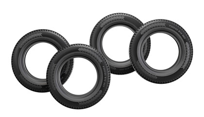 Set of four black car tires isolated on white
