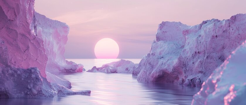 Modern minimal abstract background with sunset or sunrise light. 3D render showing futuristic landscape with cliffs and water.