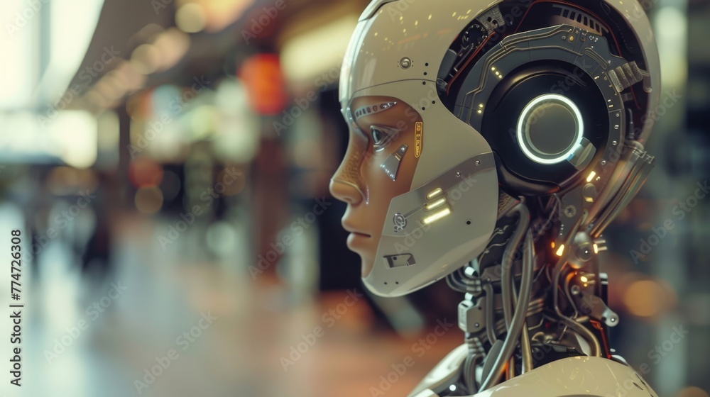 Aufkleber Robot With Headphones Standing In Front Of Building