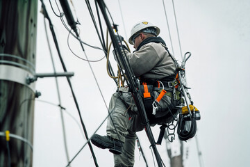 Electric Company Worker Inspecting a Utility Pole