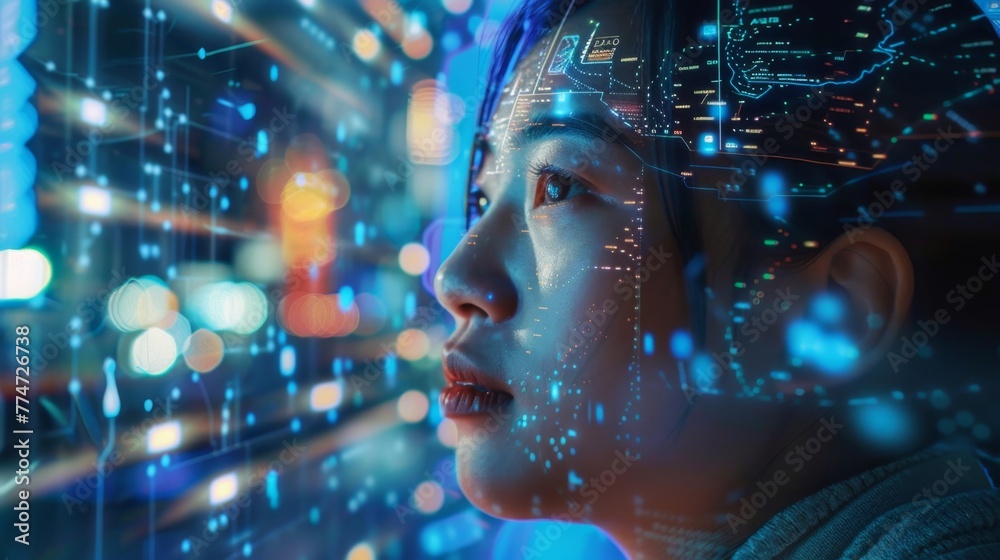 Poster woman engaging with futuristic data display