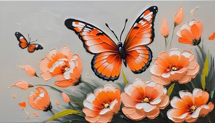spring flowers painted with oil paints on canvas in peach tones and bright orange butterfly