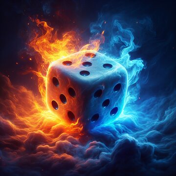 A single six-faced dice encapsulated in a striking contrast of fiery red flames and cool blue smoke, representing chance and fate.. AI Generation