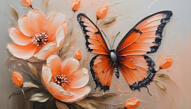 spring flowers painted with oil paints on canvas in peach tones and bright orange butterfly