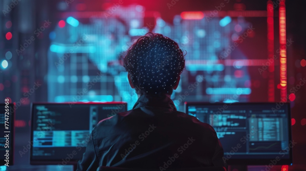 Poster Man Sitting in Front of Computer Monitors