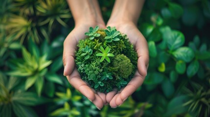 Woman hands holding green moss in the garden. Ecology and environment concept.