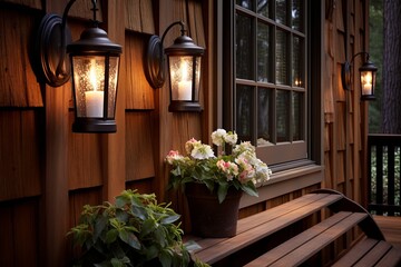 Fototapeta na wymiar Rustic Lighting for Serene Lakeside Cabin Designs: Illuminate Your Cabin Ambiance