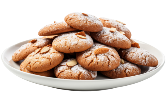 A white plate holds cookies covered in powdered sugar, creating a winter wonderland scene