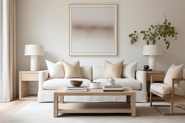 Fototapeta na wymiar Calming Interiors: Serene Minimalist Living Room Decors in Clean and Clutter-free Settings