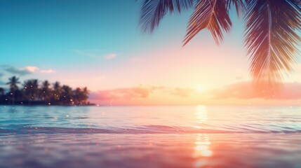 Palm trees sway on a tropical beach at sunset