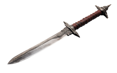 A wooden-handled sword resting gracefully on a clean white background