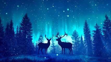 A pair of deer silhouettes in the night forest with snowfall and aurora lights.