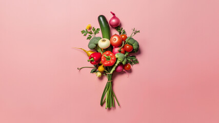 
bouquet of vegetables isolated on pastel pink background with copy space