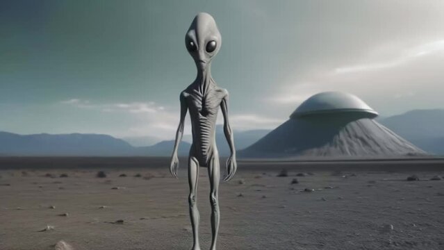 alien standing alone on planet, spaceship in background, science fiction, ufo, Generative AI,