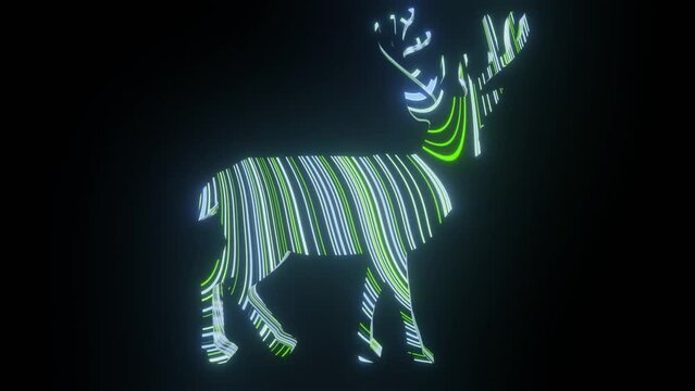 4k video of colorful green lining texture or pattern formation on the majestic deer body shape, isolated on black background. 3d rendering abstract loop animation neon lighting effect on deer.	