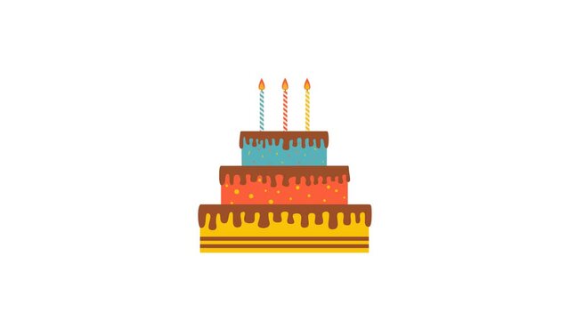 Birthday cake animation with Alpha Channel. Happy birthday cake. 4k video of birthday cake. Animated birthday cake with burning candles.
