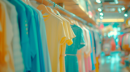 Colorful summer dresses on display in boutique, fashion retail. - obrazy, fototapety, plakaty