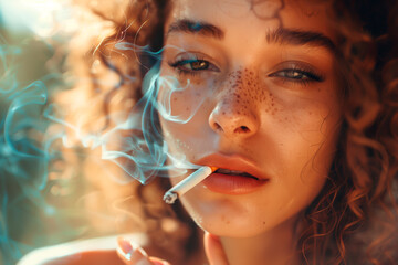 Young woman smoking, curly hair and freckles, contemplative mood. Unhealthy habits and addiction concept.