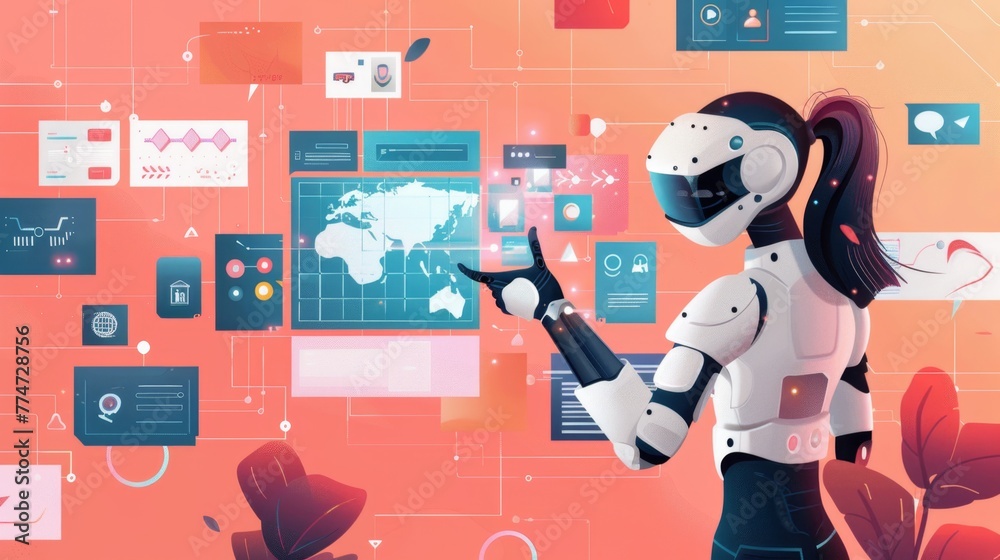 Leinwandbilder Futuristic AI Robot Interacting With Digital Interface in High-Tech Environment