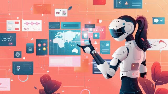 Futuristic AI Robot Interacting With Digital Interface in High-Tech Environment
