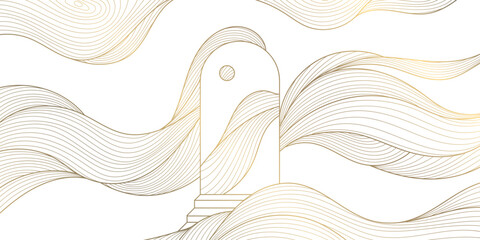 Vector abstract gold background, arch and waves, sun, moon. Line golden illustration, elegant celestial, spiritual card. - 774728943