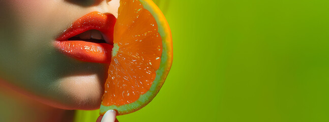 A woman with orange lips. The woman is holding a slice of orange in her mouth. a woman's lips glossed with vibrant orang, holding a slice of citrus fruit against a bold lime green backdrop - obrazy, fototapety, plakaty