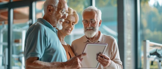 Personal trainer using digital tablet to show something to senior couple in rehabilitation center. - obrazy, fototapety, plakaty