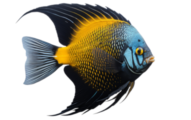 A vibrant blue and yellow fish gracefully swimming against a white backdrop