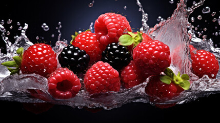 A vibrant HDR image of a cascade of mixed berries, including raspberries and blackberries, falling...
