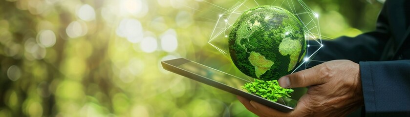 Corporate responsibility in the digital age ESG reporting on tablets, guiding companies towards greener practices - obrazy, fototapety, plakaty