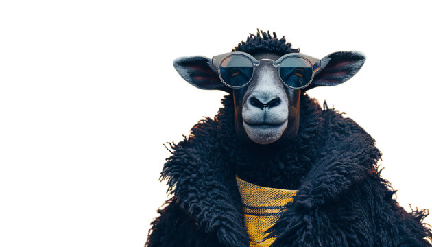 Cool black sheep wear in funny black fur coat from whoole with sunglasses.