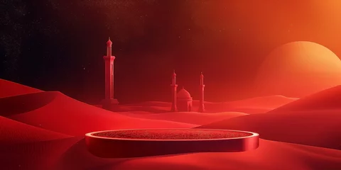 Schilderijen op glas 3D podium red and black background for product presentation, sand desert with a mosque silhouette © khozainuz