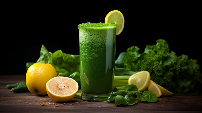 A vibrant HDR image of a detox green juice, made with kale, spinach, green apple, and lemon, served in a tall glass with a backdrop of fresh ingredients.
