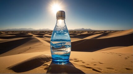 A closed bottle of crystal-clear water in the heart of the desert against the backdrop of yellow-white dunes and blue sky.