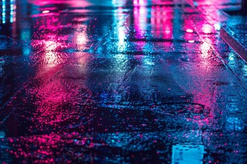 Background of wet asphalt with neon light, night lights and reflections