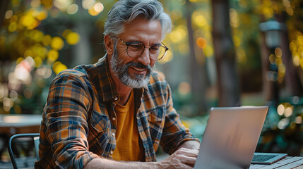 Obraz premium Smiling mature man with beard using laptop at outdoor cafe surrounded by autumn foliage.