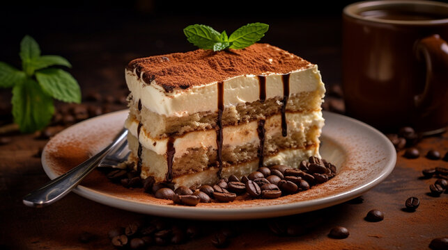 A vibrant HDR image of a tiramisu cake with layers of coffee-soaked sponge and mascarpone, set against a solid espresso brown background.