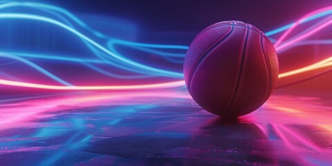  Basketball with blue flash light under black background. 3D illustration. 3D high quality rendering.