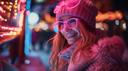 Obraz premium Smiling woman in pink beanie and glasses illuminated by neon lights at night.