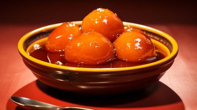 A vibrant HDR image of a traditional Indian gulab jamun, soaked in syrup, against a solid orange background, focusing on its glossy and sticky texture.