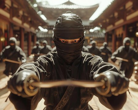 A menacing ninja warrior stands ready with a sword in a traditional dojo setting, surrounded by fellow ninjas in a martial arts training scene.