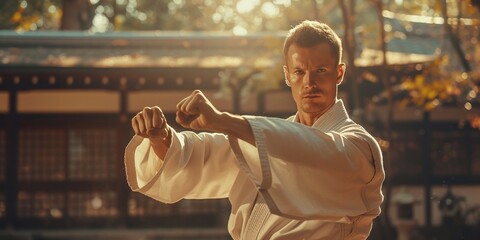 One man caucasian karateka male athlete training karate in the forest in woods in nature wear kimono gi uniform real people copy space martial arts concept practice - obrazy, fototapety, plakaty