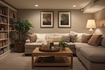 Fototapeta na wymiar Cozy Comfort: Small Basement Living Room Inspirations with Soft Furnishings and Warm Decor