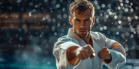 One man caucasian karateka male athlete training karate in the forest in woods in nature wear kimono gi uniform real people copy space martial arts concept practice - Powered by Adobe