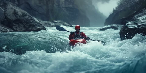 Fotobehang Whitewater kayaking, extreme kayaking. A guy in a kayak sails on a mountain river © Nataliia