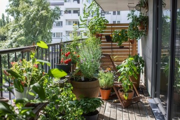 Fototapeta na wymiar Balcony filled with container plants and herbs