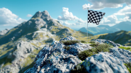 The checkered flag on the high peaks, Businessman's vision is defined by pointing to the target - obrazy, fototapety, plakaty