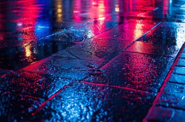 Background of wet asphalt with neon light, night lights and reflections