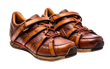 A pair of sleek brown shoes stand out against a stark white background